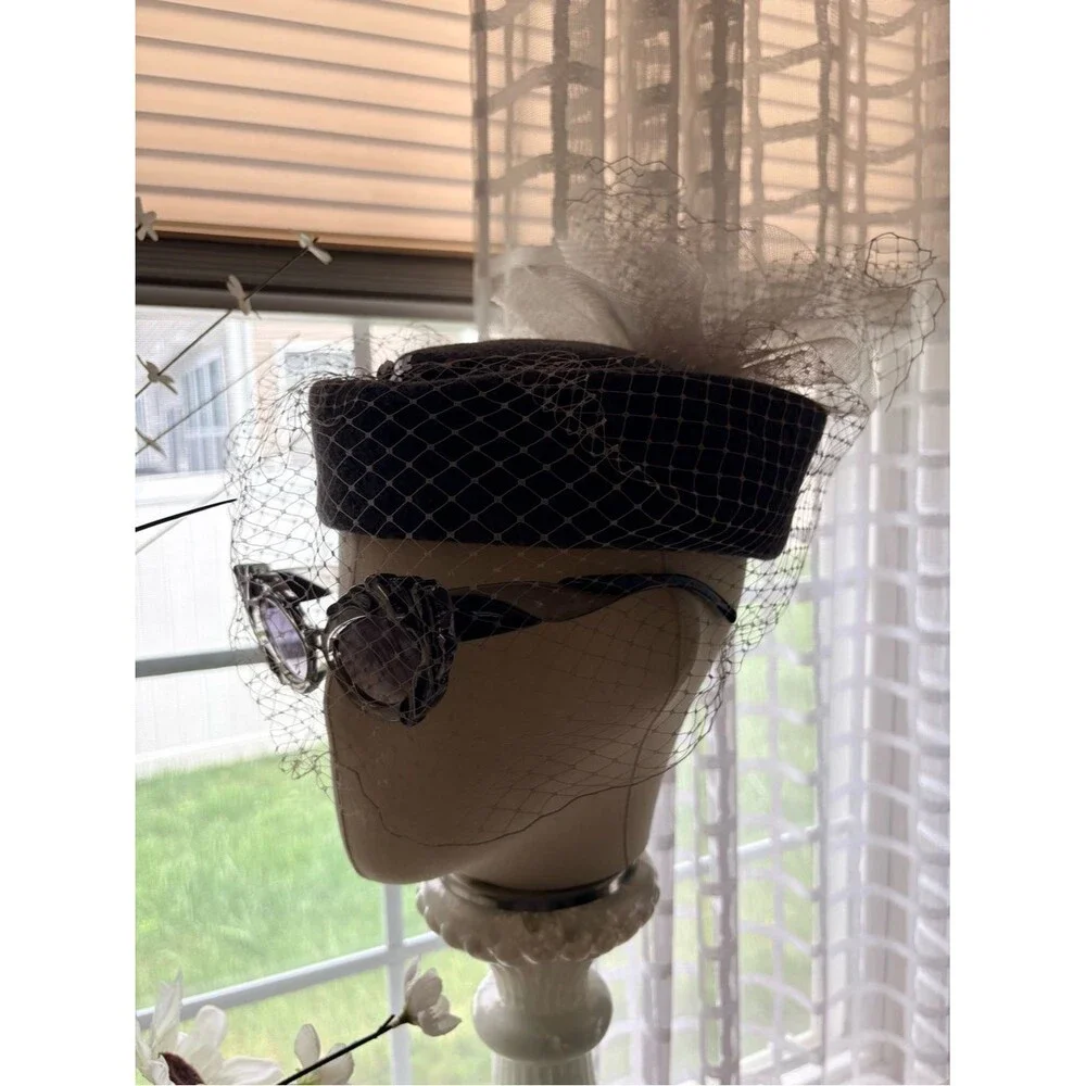 VTG Gray Wool Pillbox Mesh Veil Fascinator Hat